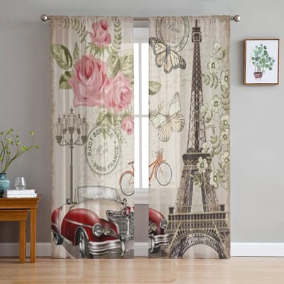 Parijs Vintage Ansichtkaart Transparant Gordijn Voor Woonkamer Slaapkamer Voile Gordijnen Voor Raam Organza Gordijnen Feest Tule Draperieën 135W x 114H(cm) gray