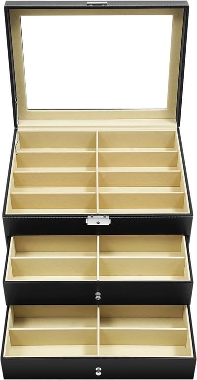 Opbergdoos Brillen - Glazen Koffer - Sieraden Opbergen - 3 Lagen 24 Vakken - 34 x 25 x 19 cm