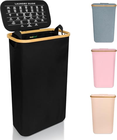 Wasmand met Deksel - Vuilnisbak Kleding - Ruimte Besparen - Verwijderbare Binnenzak - 60 Liter Slim - Zwart