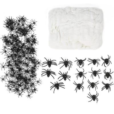 200g Halloween Spinnenwebben Stretch Spinnenwebben met 215 Plastic Spinnen voor Halloween Spookhuis white