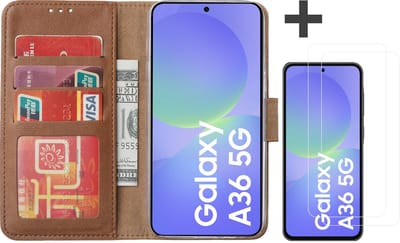 Hoesje met 2 Stuks Screenprotectors Geschikt voor Samsung Galaxy A36 – Arara bookcase met pasjeshouder - Bruin