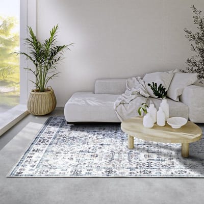 Flycarpets Elle Decoration - Imagination - Laagpolig Vintage Vloerkleed - Saveh - Creme / Blauw - 80x150 cm