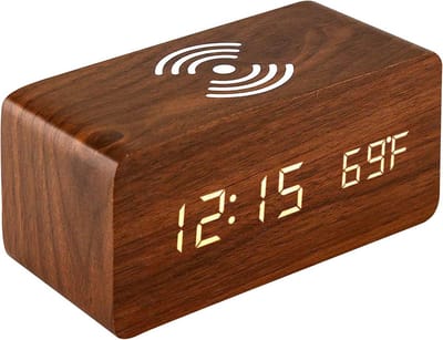 Digitale Wekker - Bureau Klok - Wakker Worden - Draadloze Oplader - 16 cm Breed - Hout