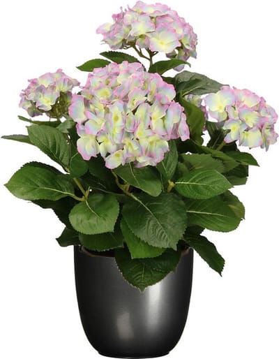 Hortensia kunstplant/kunstbloemen 45 cm - paars/groen - in pot titanium grijs glans - Kunst kamerplant