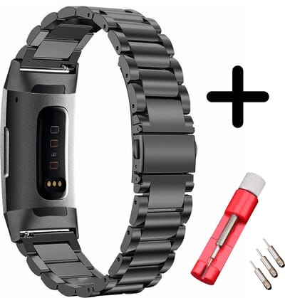 Strap-it Bandje staal zwart + toolkit geschikt voor Fitbit Charge 3 / 4