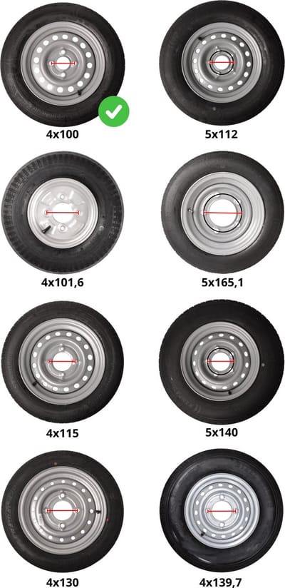 Compleet aanhanger wiel - 155/80R13 - zwarte velg - steekmaat: 4x100 - draagvermogen: 500 kg - naafdiameter: 57 mm