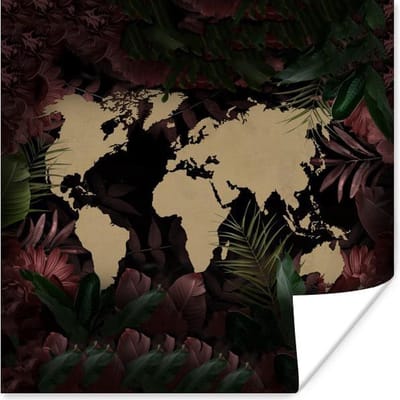 Poster 30x30 cm - Wereldkaart - Planten - Simpel - Posters - Kamer decoratie - Wanddecoratie woonkamer - Muurdecoratie slaapkamer