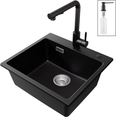 CECIPA max Granieten Spoelbakken Keuken 50x45cm - Spoelbakken Met Keukenkraan en Zeepdispenser - Spoelbak Met Kraangat - Enkele spoelbak - Spoelbakken met afdruip - Antraciet