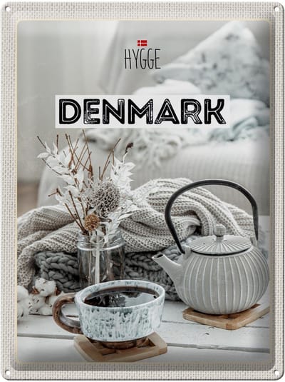 Blechschild Reise 30x40cm Dänemark weiß Teekanne gemütlich Decke