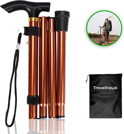 Travelhawk Wandelstok - Verstelbaar en Opvouwbaar - Khaki - Incl. Opbergtas - loopstok Ouderen