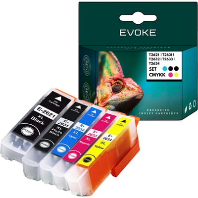 Evoke Compatibele Inkt voor Epson T2621 T2631 T2632 T2633 T2634 26XL 5X: Pgbk Zwart Pigment+Photo Zwart+Cyan+Magenta+Geel 76 ml 4440 Pagina's Expression Premium Xp-510 520 600 605 610 615 620 625 700