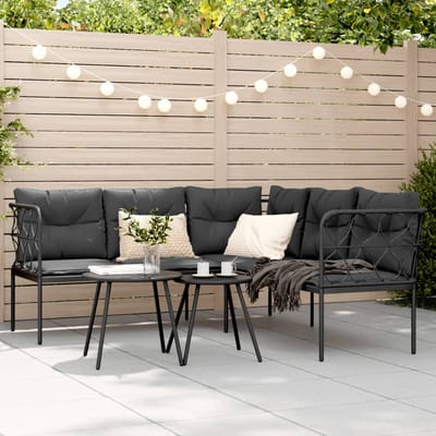 vidaXL - Tuinbank - met - kussens - L-vormig - staal - en - textileen - zwart