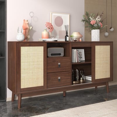 REDOM Sideboard 155×38×80 cm – Rattan schuifdeuren, 2 lades met aluminium-leren grepen, massief houten poten multifunctioneel