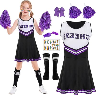 Kinderen Cheerleader Kostuum met Pompoms, Sokjes, Fluit en Hoofddeksel voor Carnavalsfeesten en Sportevenementen