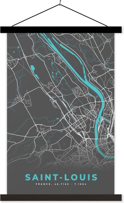 Posterhanger incl. Poster 40x60 cm - Schoolplaat - Saint-Louis - Frankrijk - Stadskaart - Kaart - Plattegrond - Textielposter - Zwarte latten - Stadskaart