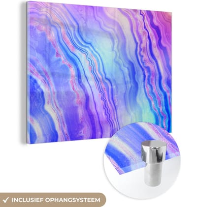 MuchoWow® Glasschilderij 120x90 cm - Schilderij acrylglas - Neon - Edelstenen - Agaat - Foto op glas - Schilderijen