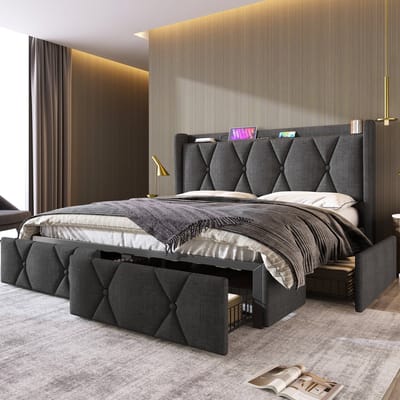 MEUNIQ gestoffeerd tweepersoons bed 140x200 cm met 4 lades, hoofdbord met USB en stopcontacten, houten lattenbodem, bedframe voor slaapkamer, grijs