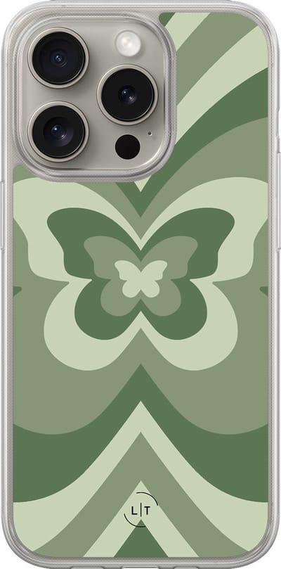 Hoesje geschikt voor iPhone 15 Pro Max - Retro vlinder groen - 2in1 backcover - Print / Illustratie - Groen - Leuke Telefoonhoesjes