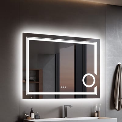 LUVODI LED badkamerspiegel 90x70cm - wandspiegel met verlichting - frontale verlichting + verlichting met achtergrondverlichting - 3X vergroten - dimbaar in 3 verlichtingskleuren - anticondens - geheugenfunctie - IP56-normering