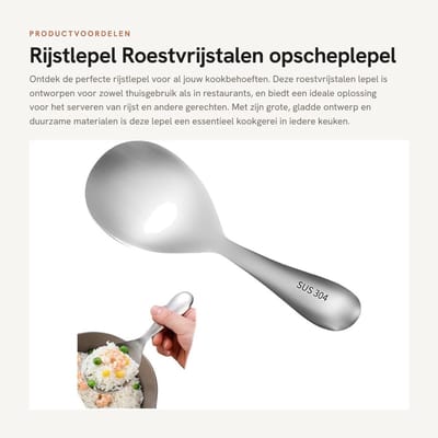 Dailygoods- Rijstlepel 20x7x3 cm - Roestvrij Staal 304 - Duurzaam - Handvat - Perfect Cadeau - Zilver - Opscheplepel