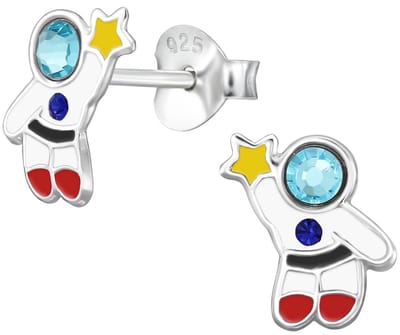 Joy|S - Zilveren astronaut oorbellen - blauw kristal - gele ster - 7 x 8 mm - kinderoorbellen