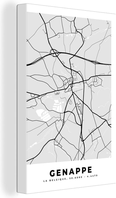 Canvas Schilderij Stadskaart – Plattegrond – België – Zwart Wit – Genappe – Kaart - 20x30 cm - Wanddecoratie