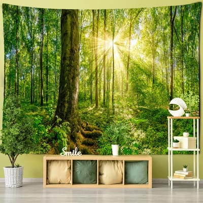 Tapisserie murale à suspendre représentant une forêt d'arbres imposants, paysage naturel, sorcellerie psychédélique, style bohème, décoration d'intérieur 200x150cm