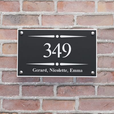 Naambordje voordeur - Huisnummerbord - Rechthoek stip streep - 25x15 - zwart/wit - RVS afstandshouders