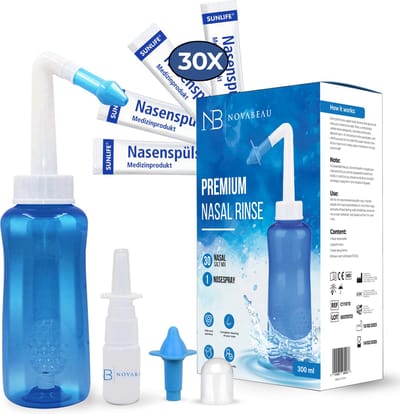 Novabeau Medische Neusdouche met 30 Extra Zoutzakjes en Neusspray - Neusspoeler Van 300 ml voor Hooikoorts en Verstopte Neus – Neusreiniger voor Volwassenen en Kinderen – Neuspomp – Neti Pot