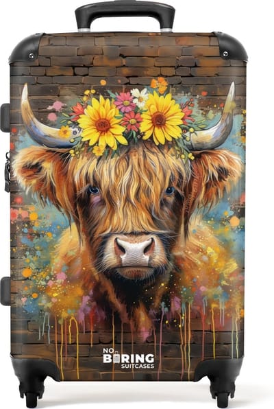 NoBoringSuitcases.com® - Koffer groot - Rolkoffer lichtgewicht - Graffiti schotse hooglander met bloemen - Reiskoffer met 4 wielen - Grote trolley XL - 20 kg bagage