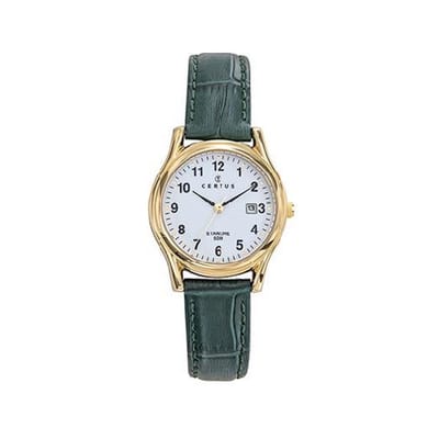 Certus-dameshorloge-model 646607-datum -goudkleurig-donkergroen leder-5 atm waterdicht-diameter 24 mm