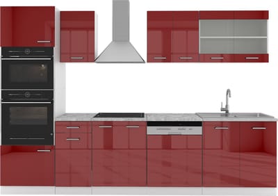 Vicco R-Line Complete keukeneenheid – 300 cm met hoge kast, met marmeren werkblad Rood hoogglans/wit