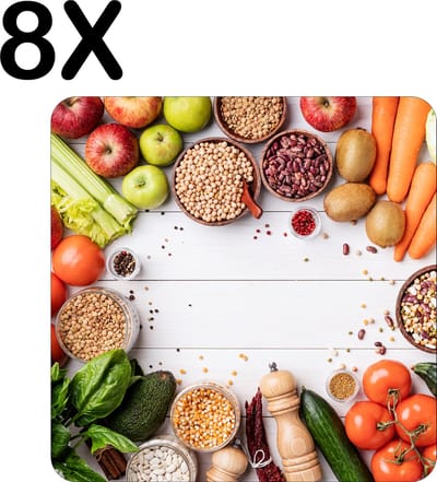 Luxe Placemat - Compositie van Groente en Fruit - Set van 8 Placemats - 50x50 cm - 2 mm dik Vinyl - Anti Slip - Afneembaar