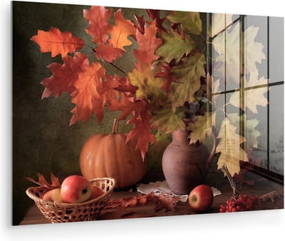 MuchoWow® Glasschilderij 60x40 cm - Schilderij acrylglas - Stilleven - Pompoen - Bladeren - Appel - Kersen - Herfst - Foto op glas - Muurdecoratie woonkamer - Wanddecoratie slaapkamer - Schilderijen