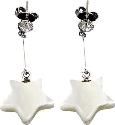 Parelmoeren oorbellen Dangling Bling Star - oorstekers - parelmoer - edelstaal - ster - wit - stras stenen - luxe sieraden zakje - oorknopjes - oorbellen dames