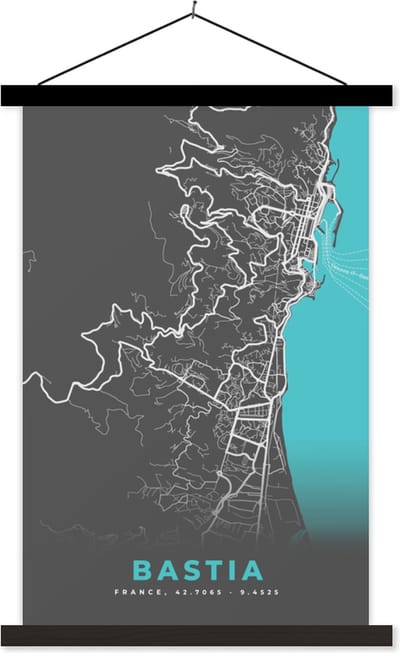 Posterhanger incl. Poster 40x60 cm - Schoolplaat - Kaart - Bastia - Plattegrond - Plattegrond - Stadskaart - Textielposter - Zwarte latten - Stadskaart