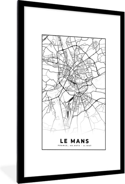 Fotolijst incl. Poster Zwart Wit- Plattegrond - Kaart - Le Mans - Frankrijk - Stadskaart - Zwart wit - 60x90 cm - Posterlijst