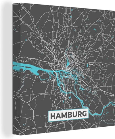 Canvas Schilderij Stadskaart – Hamburg – Duitsland – Plattegrond – Kaart - 20x20 cm - Wanddecoratie