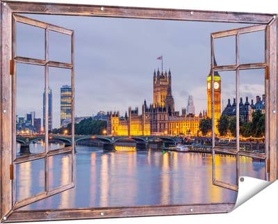 Gards Tuinposter Doorkijk London Big Ben en Westminster Brug - 150x100 cm - Tuindoek - Tuindecoratie - Wanddecoratie buiten - Tuinschilderij