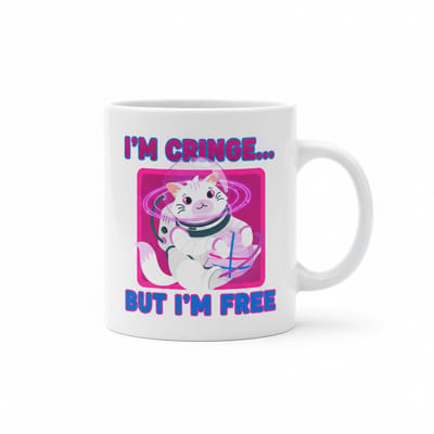 Grappige Kat Astronaut Mok “I’m Cringe… But I’m Free” – Schattige Ruimte Kat Illustratie – Humoristische Koffiemok Cadeau – 330 ml