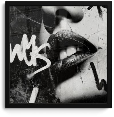 Poster in lijst - Fotolijst 40x40 cm - Posters - Gezicht - Mond - Graffiti - Zwart - Posterlijst zwart - Decoratie - Wanddecoratie woonkamer - Muurdecoratie slaapkamer
