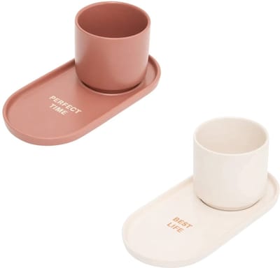 Secret de Gourmet Espresso Kopjes met bordje - Set van 2 stuks - 24cl - Donkerroze/Wit