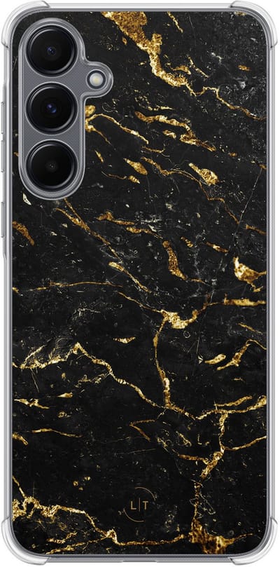 Shockproof hoesje - Geschikt voor Samsung Galaxy A35 - Marmer zwart goud - Extra sterke case - TPU/polycarbonaat - Marmer - Zwart, Goud, Transparant