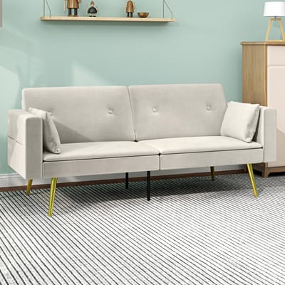 STILVORA Slaapbank 181 Cm - Verstelbare Rugleuning Met Slaapfunctie En Zijvakken - 2-Zits Voor Woonkamer En Logeerkamer - Polyester Beige