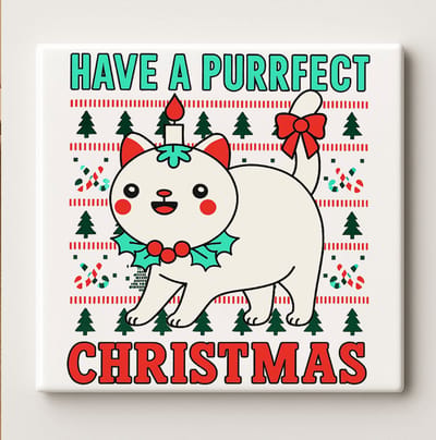 Schattige Kat Kerst Tegel – “Have a Purrfect Christmas” Decoratieve Keramische Wandtegel 15x15cm | Grappig Kerstcadeau voor Kattenliefhebbers