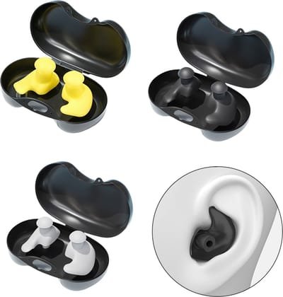 3-delige set zwemoordoppen - Siliconen oordoppen - Oordoppen - Ergonomische oordoppen - Inclusief opbergdoosje - Waterdicht - Geschikt voor zwembaden, douches, snorkelen en watersporten - Zwart, wit, geel