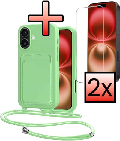 Hoes Geschikt voor iPhone 16 Plus Hoesje Pasjeshouder Cover Met Koord Case Siliconen Hoes Met Telefoonkoord en Kaarthouder Met 2x Screenprotector - Groen