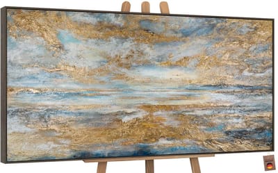 Canvas schilderij groot handgeschilderd gouden baai maritiem warm – YS-Art Gallery – Sfeervol wanddecoratie voor woonkamer – Modern schilderij voor slaapkamer en hal