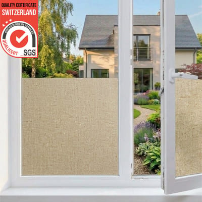 Homewell® Textiellook Raamfolie HR++(+) (45x300cm) - Isolerend & Zonwerend - Anti inkijk - Statisch - Linnen-effect Koffie