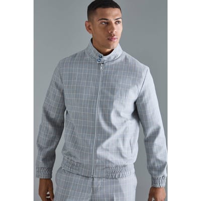 Geruite High Neck Zip Up Smart Bomber Jacket | Grey | Size XS